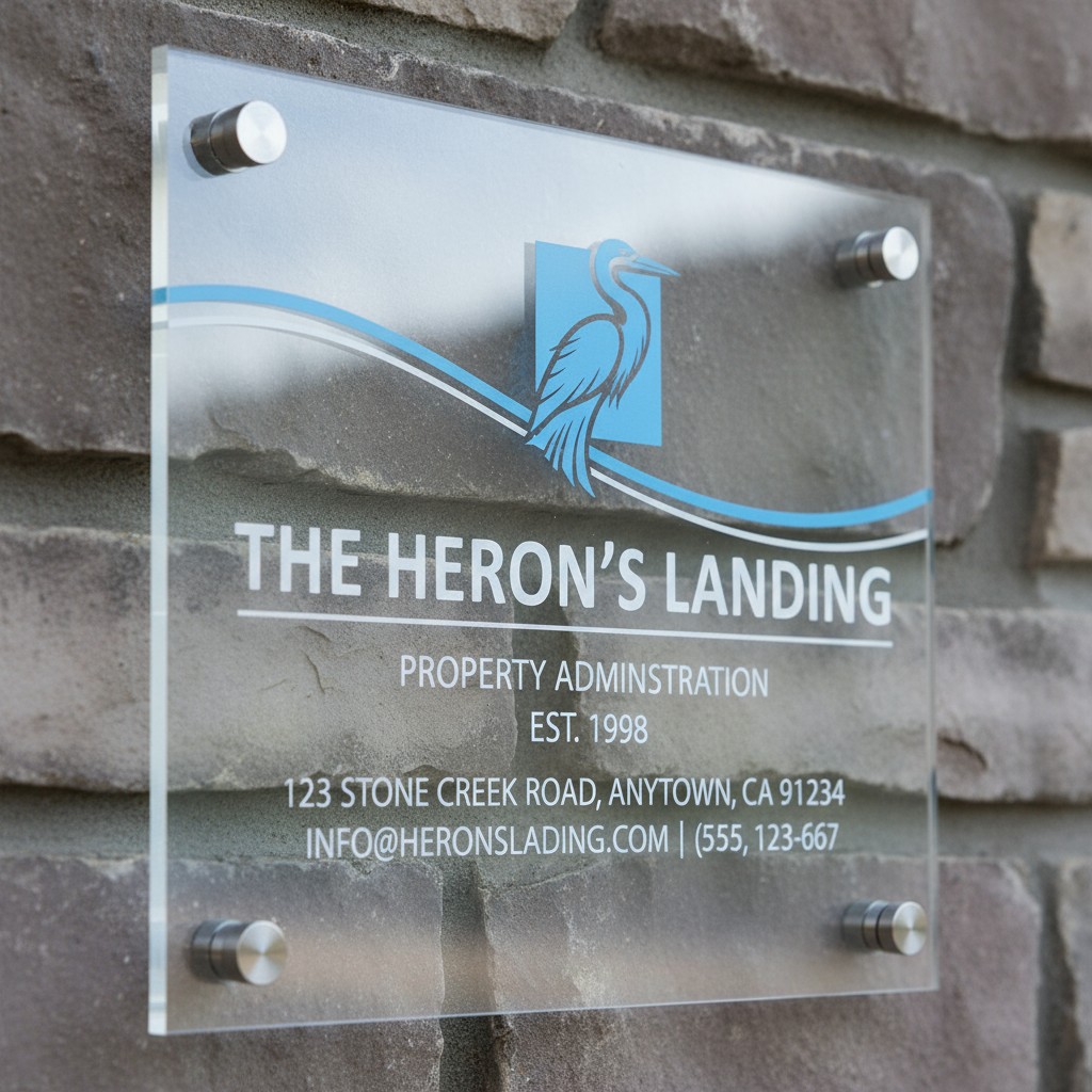 A sign for the Heron's Landing property, with a blue heron logo and contact information.