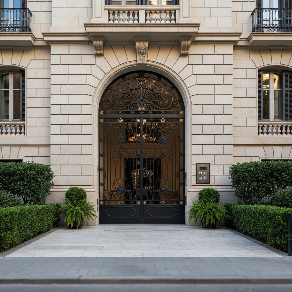 The image depicts a stunning wrought iron gate set in an elegant stone exterior of what seems to be a residential block of...